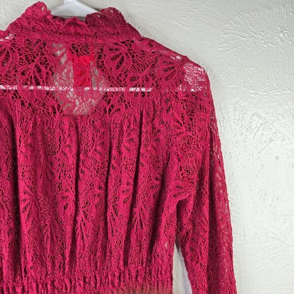 Cristina Tunic Red Floral Lace Sheer Button Front Bell Sleeve Fairy Glam Shirt - Picture 9 of 12